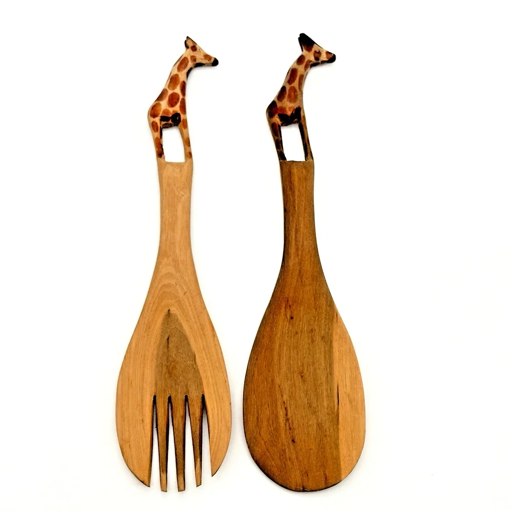 Hand Carved Wood Giraffe Salad Spoon Fork Server